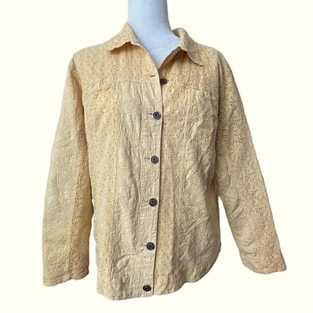 Chico’s Bomber Jacket Yellow 100% Cotton Collar SZ 2 or M